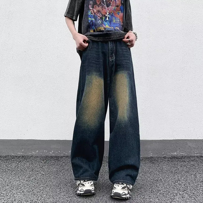 maoxiangshop Men's Jeans Korean Version Student Handsome Casual Pants High Street Straight Loose Wide Leg Jeans Vintage Blue Baggy Jeans