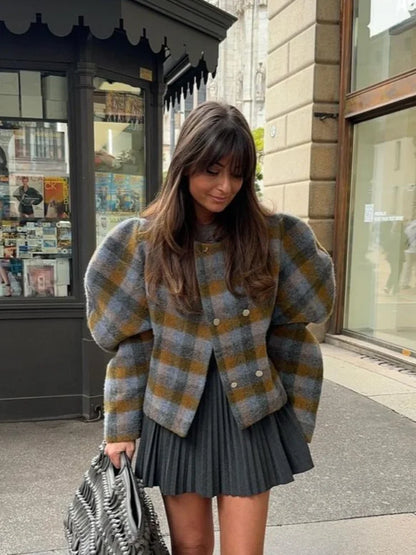 maoxiangshop  -  Women Vintage Plaids Double Breasted Woolen Coats Fashion O Neck Fluffy Long Sleeves Jacket Autumn Winter Chic Lady Warm Outwear