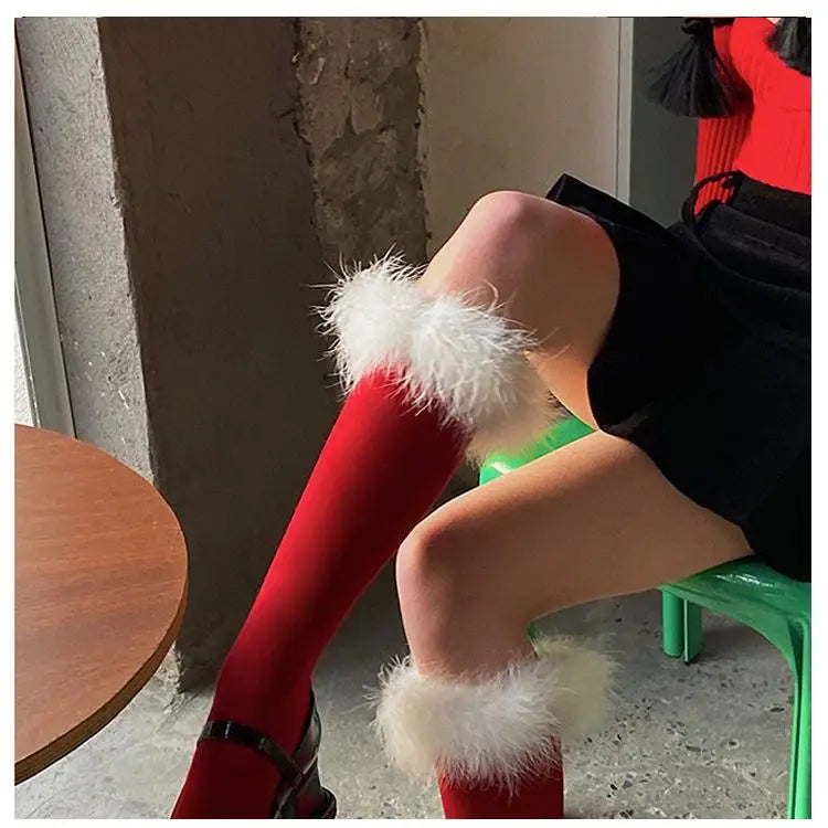 maoxiangshop  -  Winter Christmas New Year Red Socks Feather Lace Warm Long Socks for Women Japanese JK Girl Sweet Lolita Slim Sexy Stockings