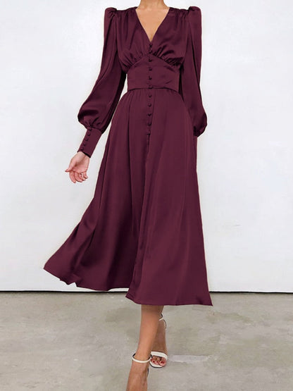 Spring and Summer New Satin Dress French Retro Lantern Sleeves Waist Slim Temperament A-line Long Skirt Woman Dress