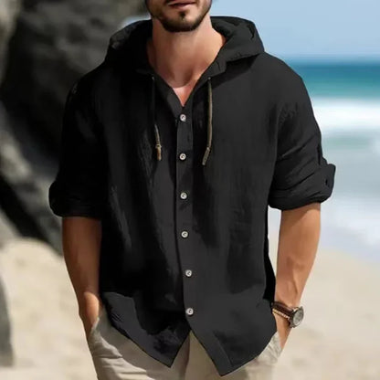 maoxiangshop Summer Men's Linen Shirt Solid Streetwear Long Sleeve Hoodie Cardigan Clothing For Men Button Tops Casual Loose Men Hooded Shirt