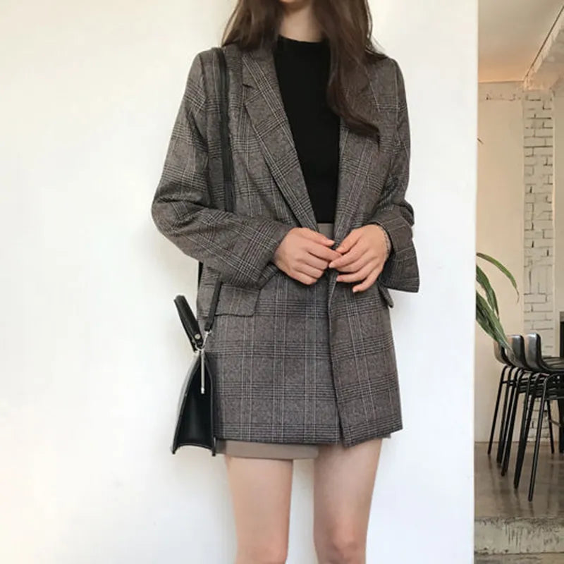 maoxiangshop Women Winter Plaid Blazers Coats Korean Fashion Elegant Solid Thick Jacket Female Double Breasted Office Lady Long Overcoat