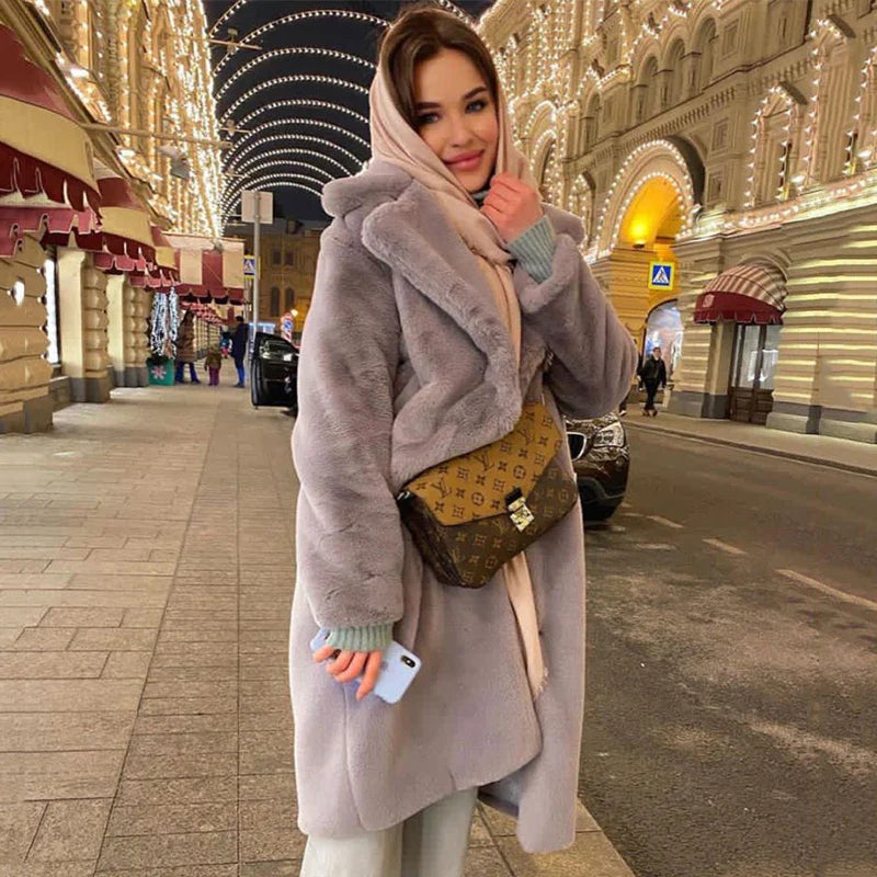 maoxiangshop  -  Luxury Winter Long Overcoats Women Oversized Lapel Belted Faux Rabbit Fur Coat Jacket Female Plus Size Outerwear Plush Fur Coats
