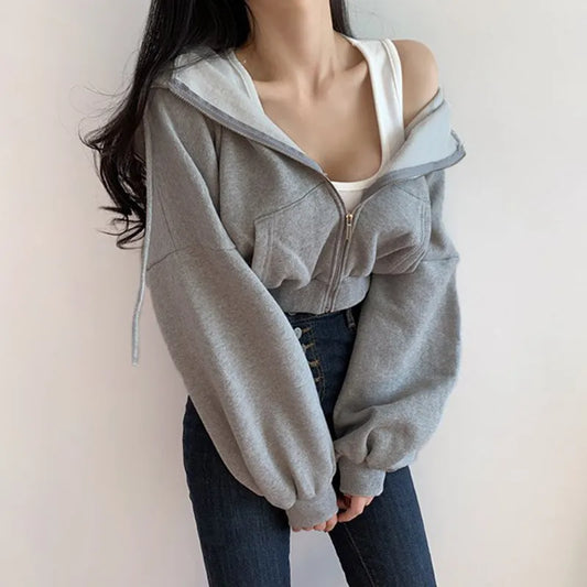 maoxiangshop Short Hoodies Women Solid Color Lady Sweatshirt Tracksuit Long Sleeve Female Crop Top Fashion Korean Clothes Harajuku