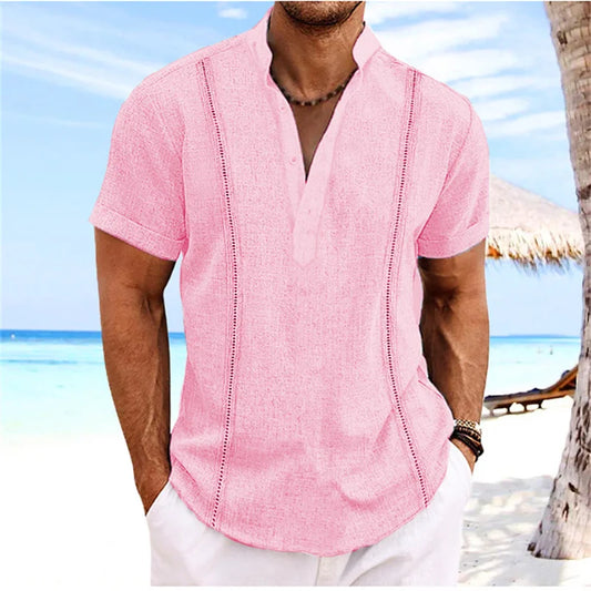 maoxiangshop 2024 Summer New Men's Short Sleeve Henri Collar Solid Color Cuban Guayabera Cotton Shirt Fashion Trend Beach Men's Top