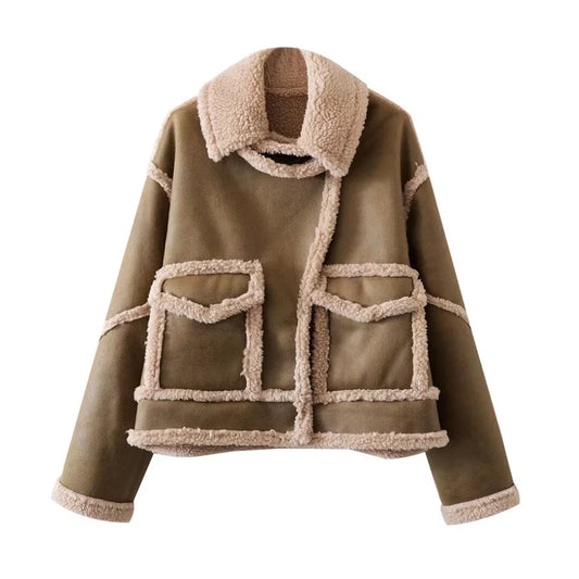 maoxiangshop  -  2024 Early Autumn New Women's Fashion Splicing Fleece Lining Thickened Lapel Double-sided Jacket