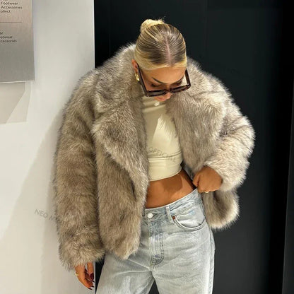 maoxiangshop  -  Mint Chic Street Girls Gradient Faux Fur Jacket Women Winter 2024 Brand Fashion Fluffy Fox Fur Coat Female Luxury Outerwear