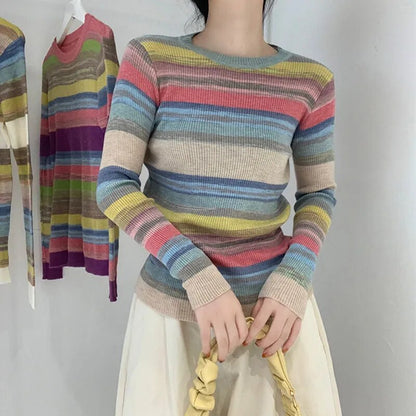 maoxiangshop Rainbow Sweater Women Super Soft Stretchy Multicolor Striped Knit Striped Jumper Pullover Female Spring Autumn Knitwear