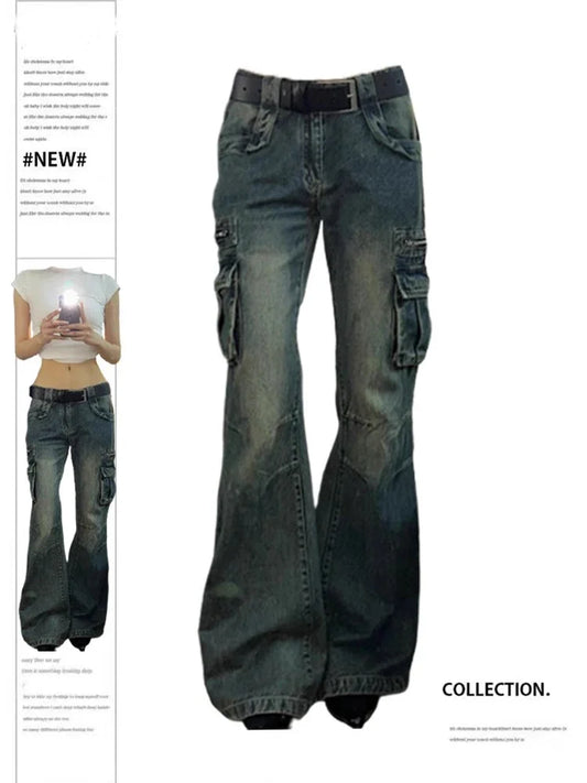 Cargo Pants Women Fashion Big Pocket Femme Flare Pants Spring New Casual Mopping Denim Trousers Vintage Y2k Baggy Jeans