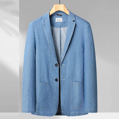 maoxiangshop Spring and Summer Men's Thin Cotton Monochrome Suit Loose Denim Casual Suit Jacket Coat(oversized plus size)