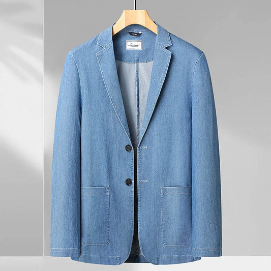 maoxiangshop Spring and Summer Men's Thin Cotton Monochrome Suit Loose Denim Casual Suit Jacket Coat(oversized plus size)