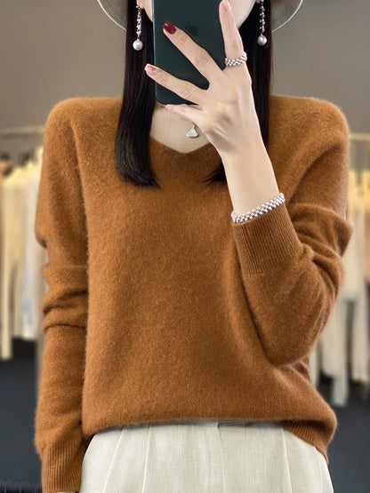 maoxiangshop Pure Wool V-Neck Sweater Women's Short Autumn And Winter All Loose And Thin Pullover Sweater Base Shirt Solid Color Authentic