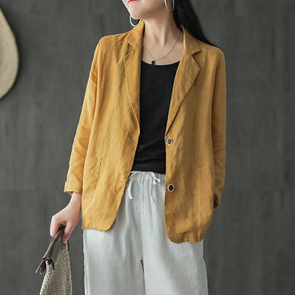 maoxiangshop Vintage Summer Lapel Neck Long Sleeve Work Suits Blazer Women Casual Solid Cotton Blazer Elegant Cardigan Thin Coats