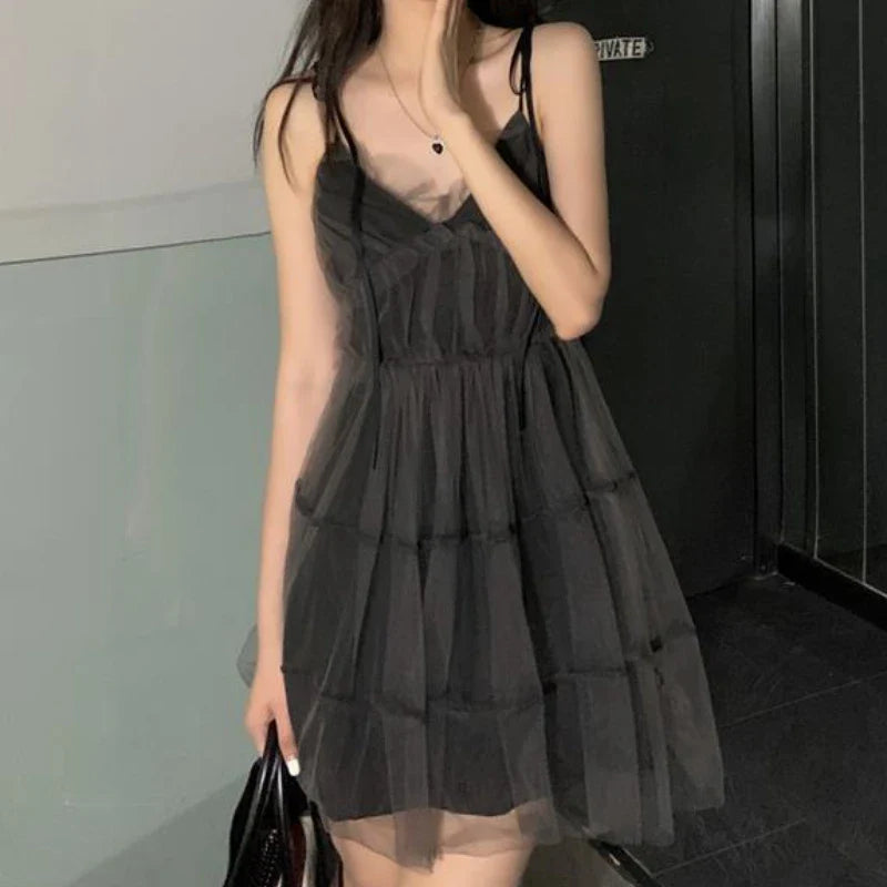 maoxiangshop Sexy Gothic Woman Dresses Mini V-neck Black Short Sleeveless Dress Mesh Hotsweet Vintage One-piece Party Dress Summer