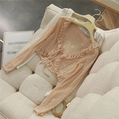 Women Summer Sun Protection Coat Lace Bow Ruffle Cardigan Shirt Female Blouse Tops for Woman Covers Blusa White Y2K Korean Shirt