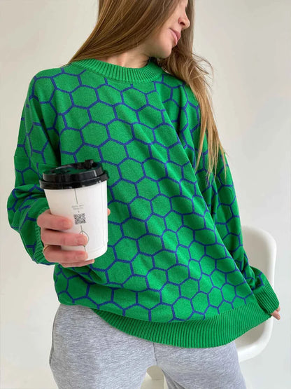 maoxiangshop  -  Autumn New Pullover Sweater Women's Retro Plaid Print Loose Casual Knitted Top  Long Sleeve Round Neck Female Fashion