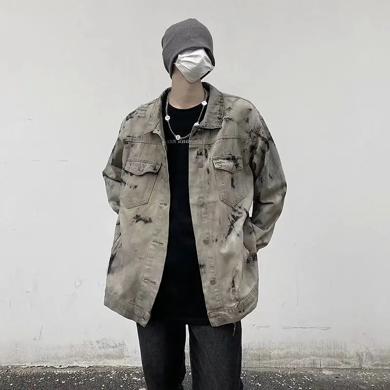 maoxiangshop Men Gray Tie-dye Denim Jackets Coats Loose Vintage Jeans Jackets New Autumn Hip Hop Denim Coats Outwear Casual Jeans Coats