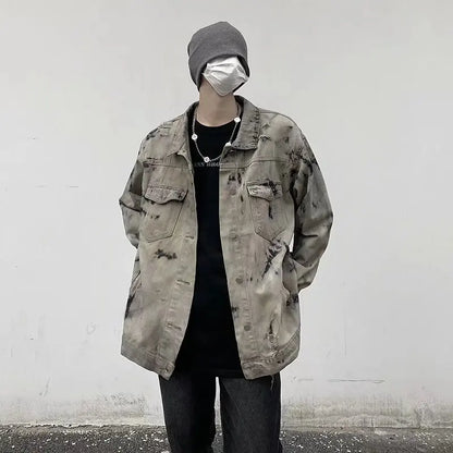 maoxiangshop Men Gray Tie-dye Denim Jackets Coats Loose Vintage Jeans Jackets New Autumn Hip Hop Denim Coats Outwear Casual Jeans Coats