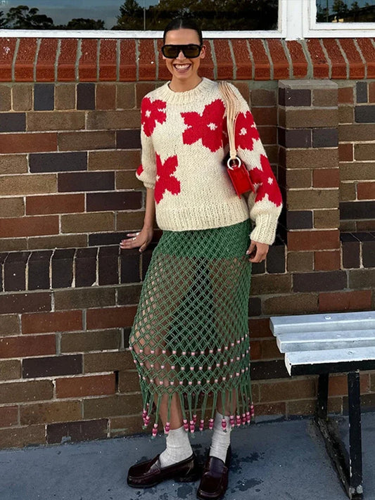 maoxiangshop  -  Floral Knitted Women Sweater Print Loose O-neck Long Sleeve Female Pullover 2024 Autumn Winter Vintage Casual Warm Lady Jumper