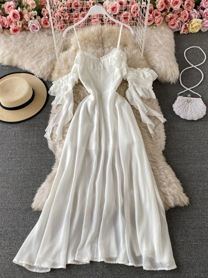 maoxiangshop Summer White Long Dress Women Sexy Off Shoulder Strapless Backless Ruffle Beach Dresses Elegant Ladies Maxi Dresses Vintage Robe