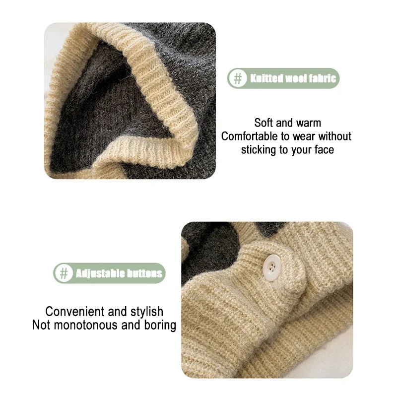 maoxiangshop Japanese Retro Balaclava Hat Winter Women Scarf Hat Set Neck Cold Proof Warm Knit Cap Female Fashion Color Matching Women's Hats