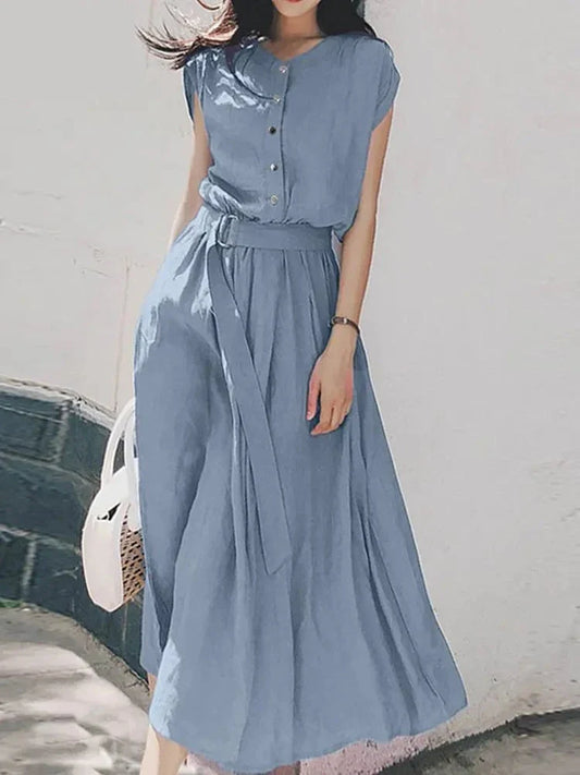 maoxiangshop Women Fashion Solid Holiday Sundress Summer Elegant Short Sleeve Party Midi Dress With Belted Casual OL Work Vestido Robe