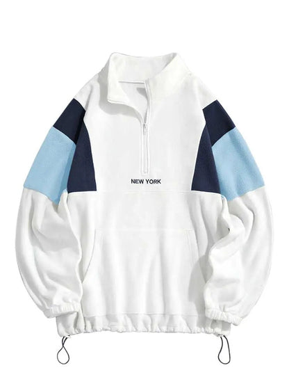 maoxiangshop Hoodie for Men Fluffy Polar Fleece Sweatshirts New York Embroidery Turtleneck Hoodies Pullover Color Block Zipper Sweats
