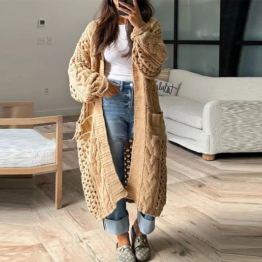 maoxiangshop  -  2024 Casual Solid Color Pocket Coat Ladies Elegant V Neck Hollow Knitted Cardigan Autumn Winter Thick Warm Loose Sweater Outwear