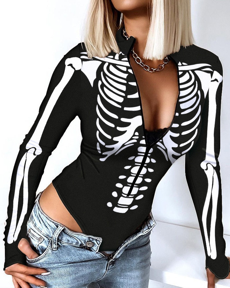 maoxiangshop Women Top Romper V Neck Skulls Slim Casual Halloween Skeleton Print Zip Front Long Sleeve Bodysuit Sexy Bodysuits