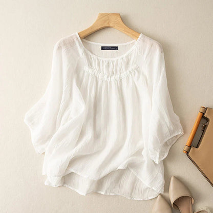 maoxiangshop Summer Elegant Blouse Women White Tops O Neck 3/4 Sleeve  Shirt Causal Loose Holiday Blusas Beach Tunic Chemise Mujer