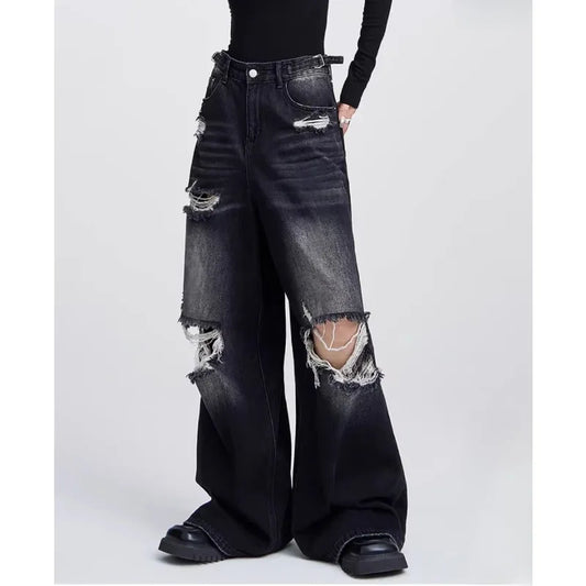 Oversized Ripped Woman's Jeans Y2k Korean Fashion Vintage Denim Pants Grunge Wide Leg America High Street Retro Trousers