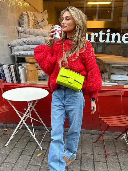 maoxiangshop -  Elegant Women's Knitwear Sweater Loose Thick Warm Casual Solid  Long Sleeve Pullover Autumn Winter Office Basic Female Tops