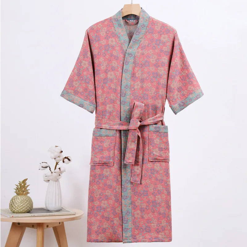 Couple's Dressing Gowns Vintage Print Loungewear Double Layer of Cotton Bathrobes Women's Pajamas Absorb Water and Dry Quickly