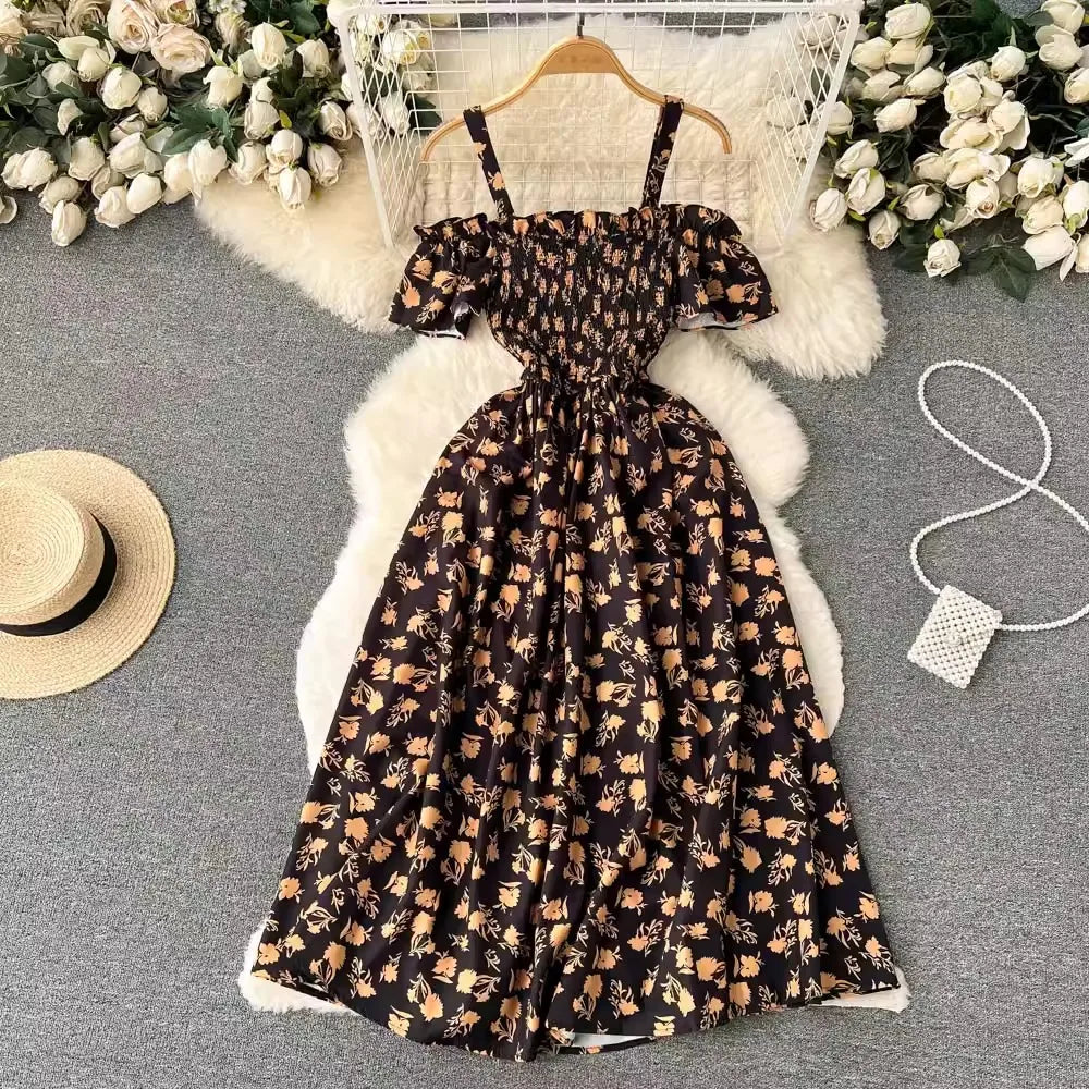 maoxiangshop Romantic Floral Print Long Summer Dress Women Fashion Off Shoulders Straps Vacation Beach Dress Korean Party Vestidos