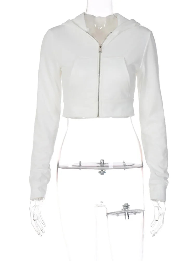 maoxiangshop Y2K Aesthetic Vintage Basic Zip Up White Cropped Hoodies 2000s Fashion Big Pockets Front Hooded Long Sleeve Sweats Cute