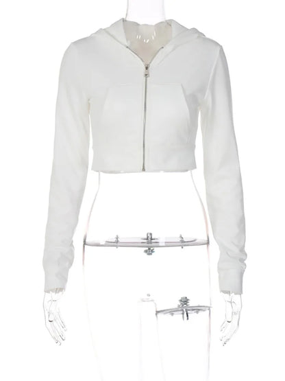 maoxiangshop Y2K Aesthetic Vintage Basic Zip Up White Cropped Hoodies 2000s Fashion Big Pockets Front Hooded Long Sleeve Sweats Cute