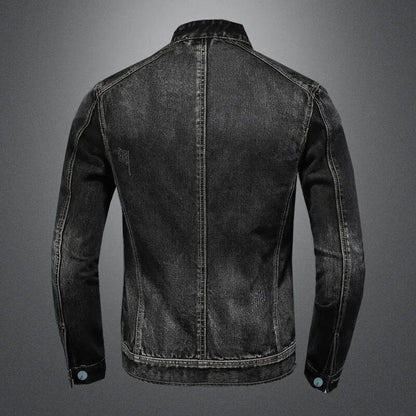 maoxiangshop High Quality Men's Denim Jackets Black Stand Collar Motorcycle Outerwear Cotton Vintage Bomber Jacket Mens Moto Biker Denim Coat