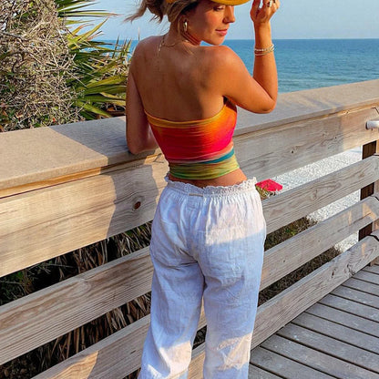maoxiangshopCombhasaki Women American Retro Y2K Hotsweet Wrap Chest Tube Tops Tie-dye Strapless Tank Tops Summer Backless Bandeau Crop Tops