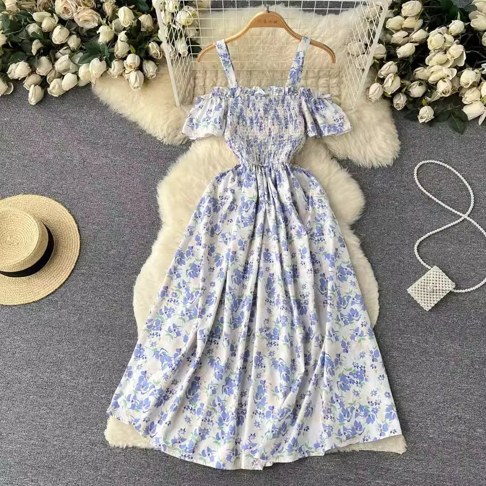 maoxiangshop Romantic Floral Print Long Summer Dress Women Fashion Off Shoulders Straps Vacation Beach Dress Korean Party Vestidos