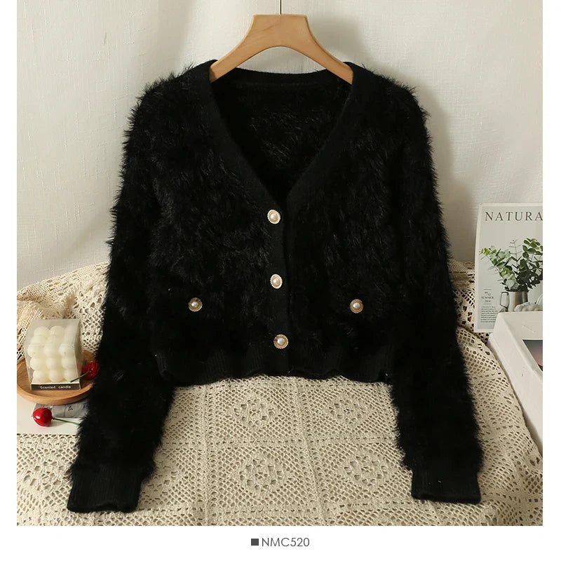 maoxiangshop Women Mohair Cardigan Blue Soft Fuzzy Knit Sweater with Pearl Button Autumn Winter