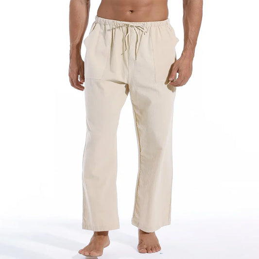 maoxiangshop New Men's Casual Linen Pants Solid Color Breathable Yoga Cotton Trousers Male Casual Elastic Waist Drawstring Fitness Pants