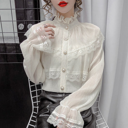 maoxiangshop Solid Patchwork Elegant Blouse Women Spring Lace Designer Chiffon Bouse Female Office Lady Casual French Korean Tops Women