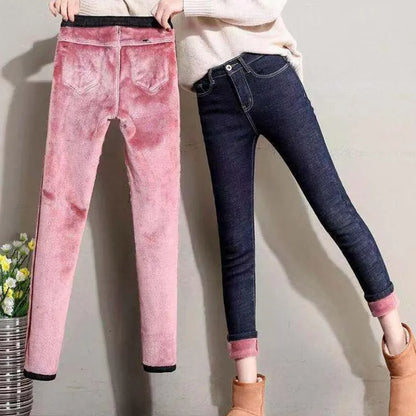 maoxiangshop Women Thermal Jeans Winter Snow Warm Plush Stretch Jeans Lady Skinny Thicken Fleece Denim Long Pants Retro Pencil Trousers