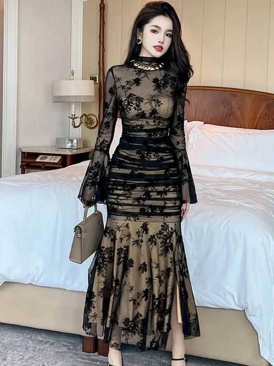 French Elegant Prom Evening Long Dress Woman Retro Black Perspective Elastic Folds Wrap Hip Fishtail Robe Female Party Vestidos