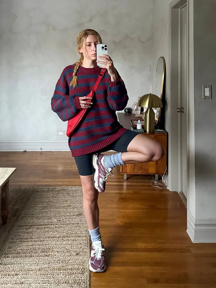 maoxiangshop -  Round Neck Contrasting Striped Sweater Women Loose Long Sleeved Warm Pullover Autumn Fashion Female Casual Jumper