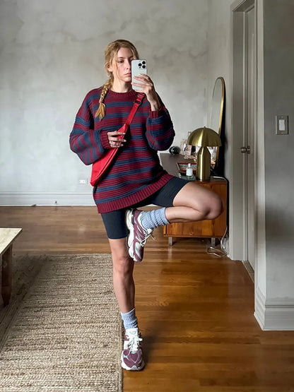 maoxiangshop -  Round Neck Contrasting Striped Sweater Women Loose Long Sleeved Warm Pullover Autumn Fashion Female Casual Jumper