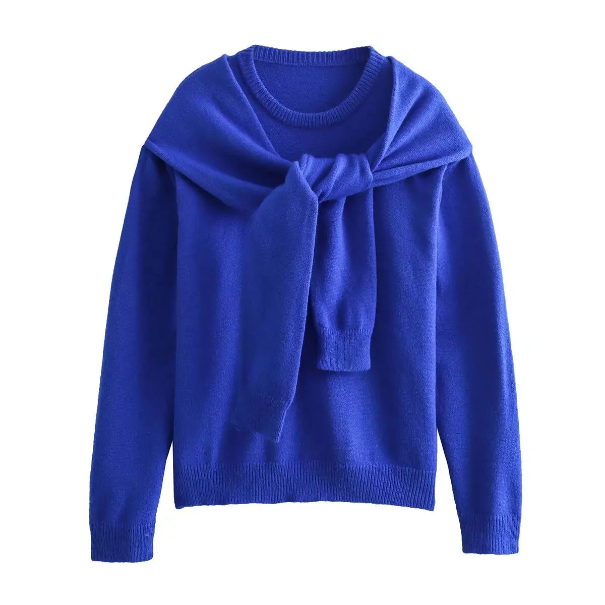 maoxiangshop -  2024 Women's Round Neck Knitted Pullovers Casual Long Sleeve Sweater with Scarf Shawl Woman Winter Fashion Jumper Top