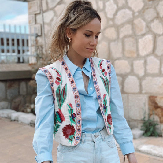 Women Vintage Floral Embroidered Vest 2023 New V Neck Sleeveless Waistcoat Vests for Woman Summer Holiday Female Crop Top