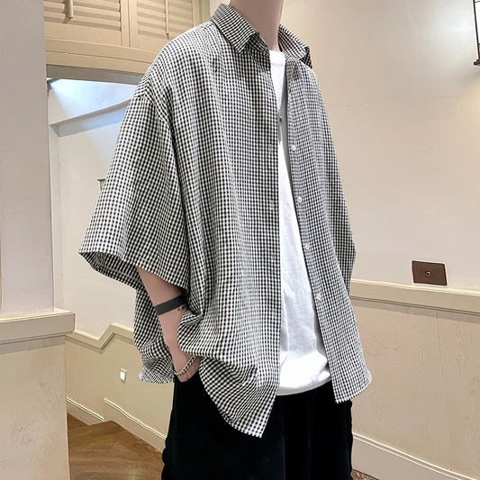 maoxiangshop Shirt Man fashion Streetwear Casual Plaid Shirt Men'S Half Sleeve High Quality 2024 Loose Spring Summer Fashion Chemise Homme