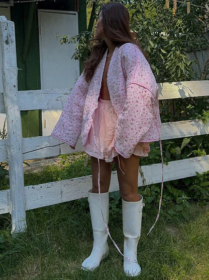 maoxiangshop  -  Printed Y Collar Lace Up Thin Coats Women Casual Loose Patchwork Long Sleeve Padded Jackets Female Autumn Chic Elegant Outwear